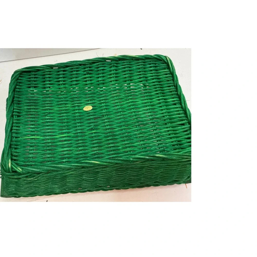 Green Wicker Basket Rectangular Wood Handles Storage Decor 10x8x4